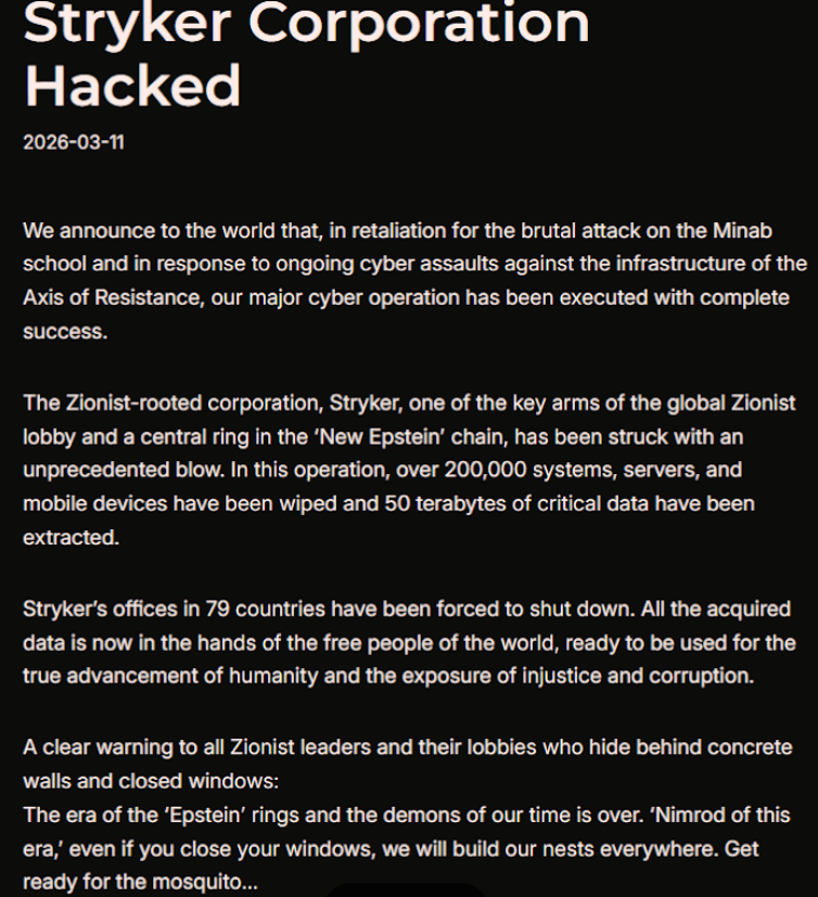Hackers respaldados por Irán afirman haber realizado un ataque wiper contra la firma de tecnología médica Stryker.